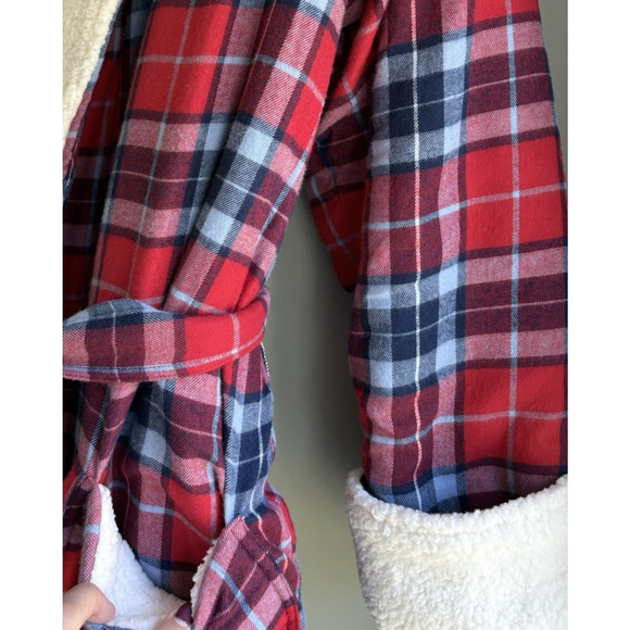 LANDS END Size Large 14-16 Red Plaid Cotton Flannel Sherpa Lined Bath Robe Cozy - Picture 4 of 15